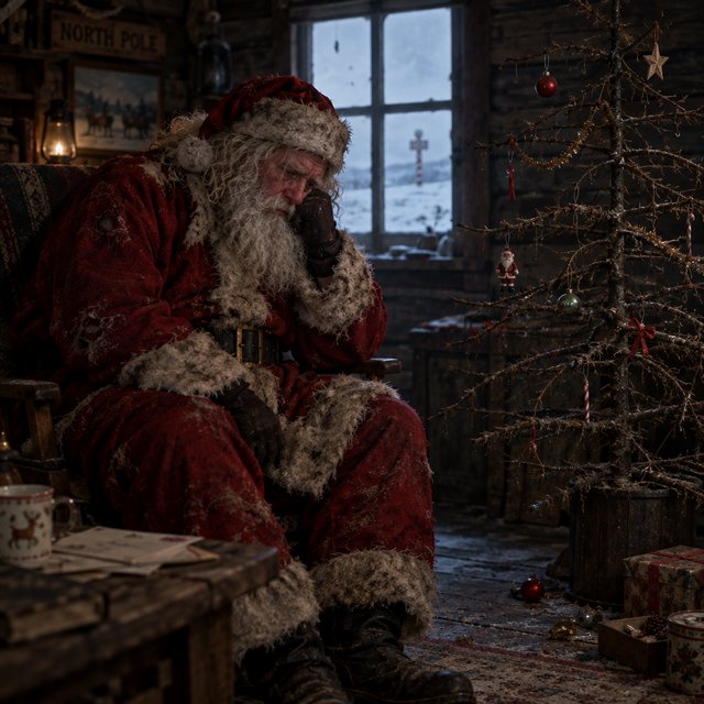 A melancholic, somewhat disheveled Santa Claus in a worn, dirty coat. He sits in his cabin at the North Pole next to a desolate, needleless Christmas tree, its decorations hanging only sporadically. The aura radiates a quiet despair. — GPT Image 2.5 Flare
