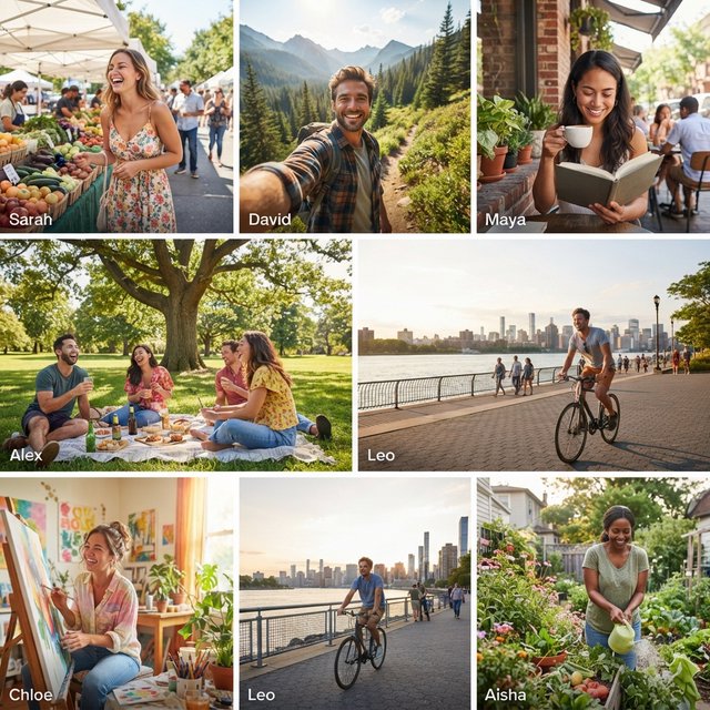 A realistic multi-panel composition with 4–7 panels, each depicting an adult enjoying a wonderful day in a distinct everyday setting. — Nano Banana 2 Lite