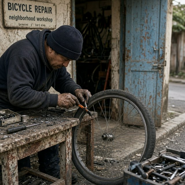 Candid documentary photograph of an adult bicycle mechanic repairing a flat tire outside a neighborhood workshop, soft overcast daylight, 35mm lens with moderate depth of field, greasy fingerprints, dust, and tiny metal shavings visible on the workbench. — Grok Imagine Image 2