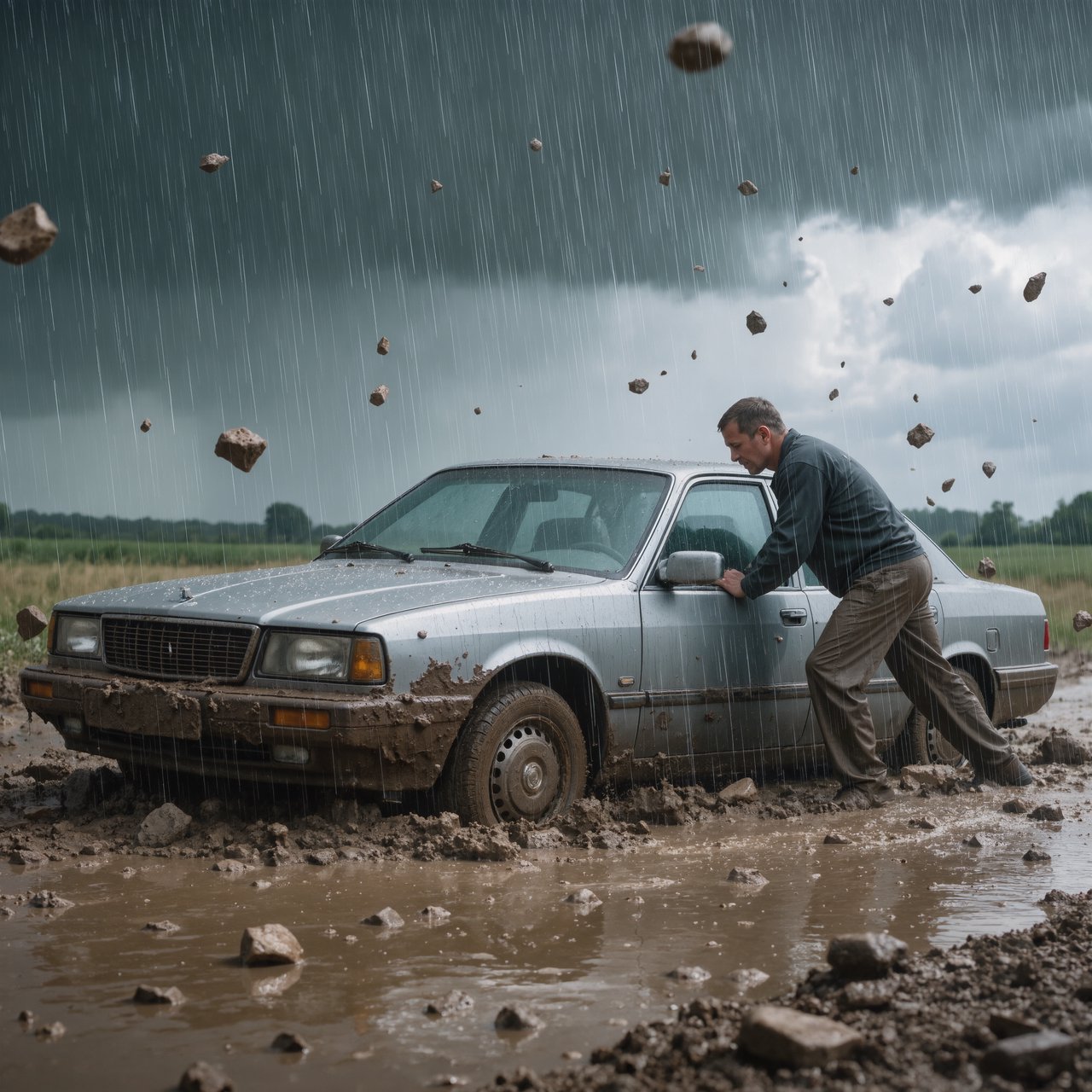 A man is pushing his car, which is stuck in the mud, amid heavy rain in the countryside. The sky is gloomy, and some hail is also falling on the car and the ground. The big man has mud all over his trousers. Show him struggling. — Kling v3 Omni