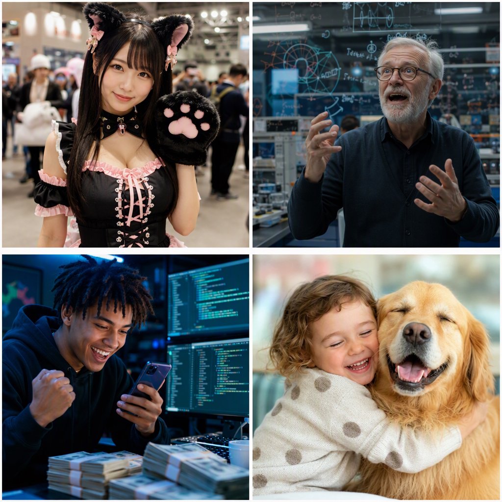 Realistic. Four scenes in one. 1) A pretty Japanese woman, about 19–23 years old, in cat-type cosplay at an anime convention. 2) An old German man or woman, about 60–65 years old, finally having a breakthrough that would change the world. 3) A happy, mixed-race, 21-year-old female or male hacker checking their bank account, which has many zeros, with a bundle of cash near their PC. 4) A happy moment that would make you smile. — GPT Image 2