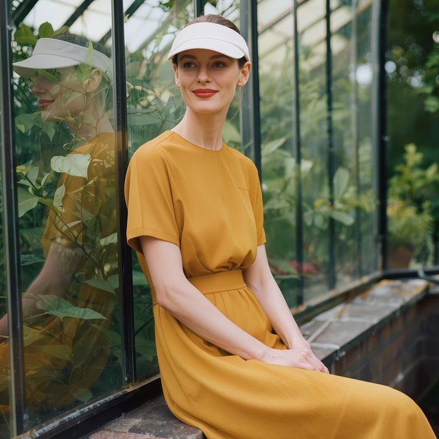 Editorial glamour photograph of an adult woman in a saffron tennis dress and white visor, resting naturally beside a glasshouse garden, flattering morning light, leafy reflections, relaxed smile, refined fashion-magazine composition. — Kling v3