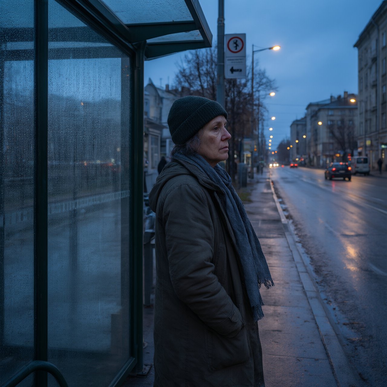 Candid documentary photograph of an adult waiting beside a city bus shelter at dawn, sodium streetlights fading into cool blue daylight, 50mm lens with shallow depth of field, fine rain droplets clinging to the shelter glass. — Qwen Image 3.0