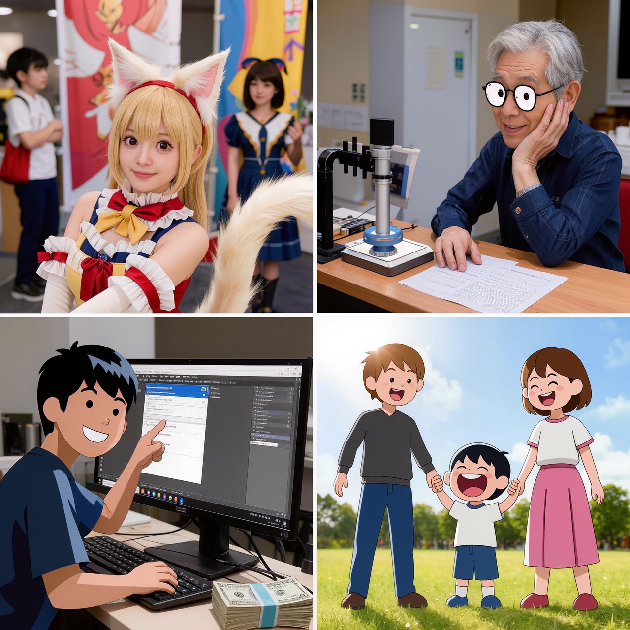 Realistic. Four scenes in one. 1) A pretty Japanese woman, about 19–23 years old, in cat-type cosplay at an anime convention. 2) An old German man or woman, about 60–65 years old, finally having a breakthrough that would change the world. 3) A happy, mixed-race, 21-year-old female or male hacker checking their bank account, which has many zeros, with a bundle of cash near their PC. 4) A happy moment that would make you smile. — Kling v3