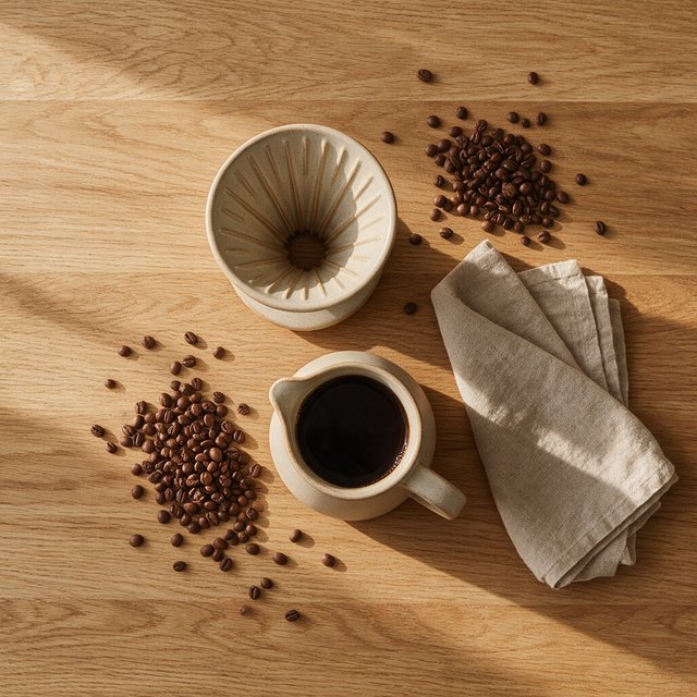 Overhead flat lay of a ceramic pour-over coffee set on oak, roasted beans scattered, a folded linen napkin, warm natural light. — Seedream 5.0 Pro
