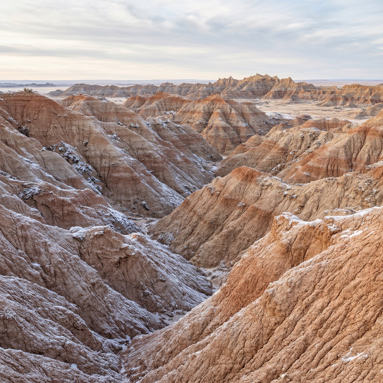 A red-sandstone badlands plateau beneath clearing winter clouds at sunrise, overnight frost silvering the gullies; cracked clay and wind-smoothed rock lead the eye across layered mesas fading into pale distance. — Qwen Image 3.0 Pro