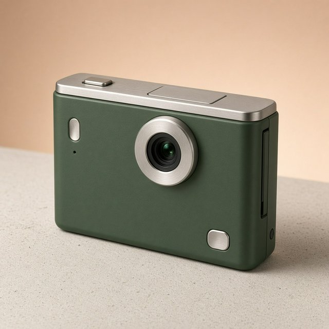 Commercial product photograph of an unbranded compact instant camera in matte forest-green polymer with brushed steel details, resting on a pale concrete surface against a warm peach background, illuminated by broad diffused studio light and a soft rim light. — Grok Imagine Image 2