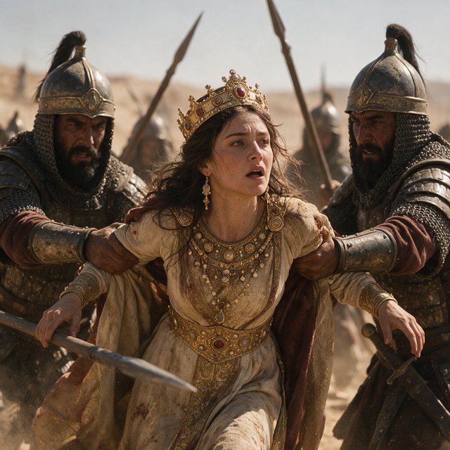 Film capture. Cinematic scene of the Byzantine empress being captured by Sassanid cataphracts. Harsh desert lighting. Shallow depth of field. The image takes place in the aftermath of a battle. All of the subjects are dusty and disheveled. — Seedream 5.0 Pro