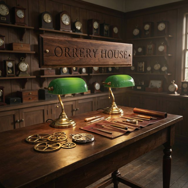 Inside a quiet clockmaker’s workshop, brass gears and tiny tools gleam beneath green-shaded lamps; "ORRERY HOUSE" is engraved in crisp serif letters on a dark walnut sign above the repair counter. — Ideogram v4.5