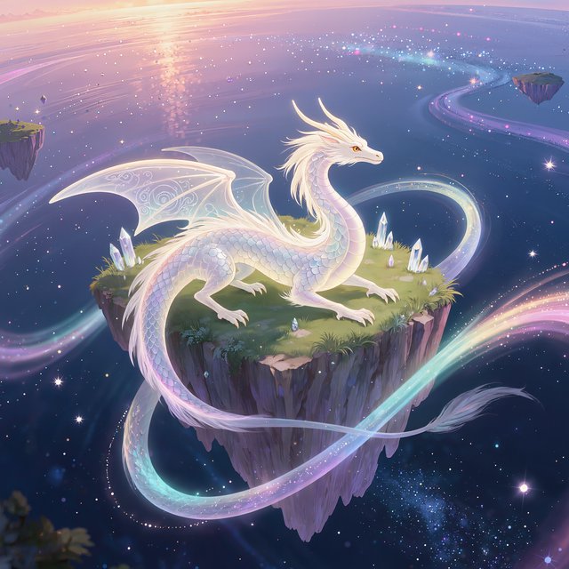 Whispers of mythic power coalesce into a spectral dragon, its form translucent and shimmering with auroral light, coiled around a floating island within a boundless celestial sea. Star-filled oceans stretch to the horizon, dotted with shimmering celestial bodies. The art style blends ethereal fantasy illustration with a subtle nod to ancient mythology, focusing on flowing lines and soft, glowing colors. The atmosphere is one of profound mystery and ancient magic. — Kling v3