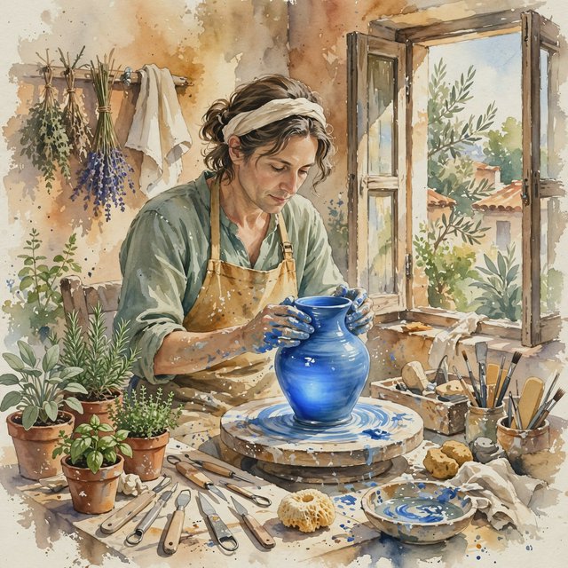 Watercolour illustration of an adult ceramicist shaping a luminous blue vessel beside an open workshop window, surrounded by clay tools, potted herbs, and sunlit terracotta walls. Palette of cobalt, ochre, sage, and cream, with soft flowing brushwork. — Muse Image 1.0