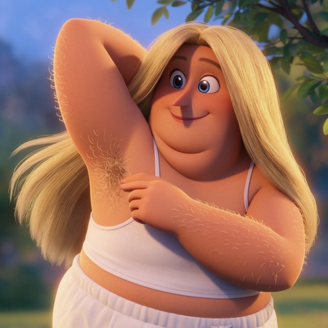 A vibrant medium shot of Cheyenne observing her armpit hair, her long blonde hair bouncing around her face, her blue eyes glimmering, and a soft smile playing on her lips. She is a 23-year-old adult with a very chubby body, a pointy nose, and thin blonde hairs on both forearms. She wears her signature white tank top and baggy shorts, standing against a backdrop of lush greenery and a sunny sky, with sunlight glimmering on her. — Krea 2 Large