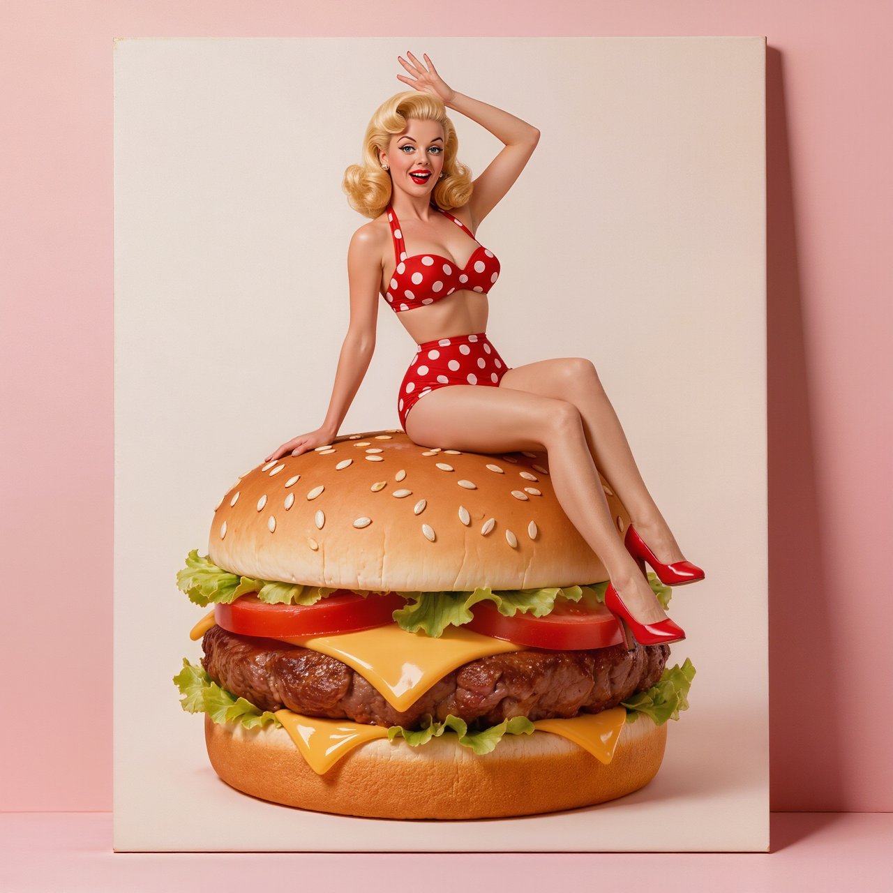 A 1950s pin-up-style photo of a bikini-clad woman sitting on a giant hamburger. — Kling v3
