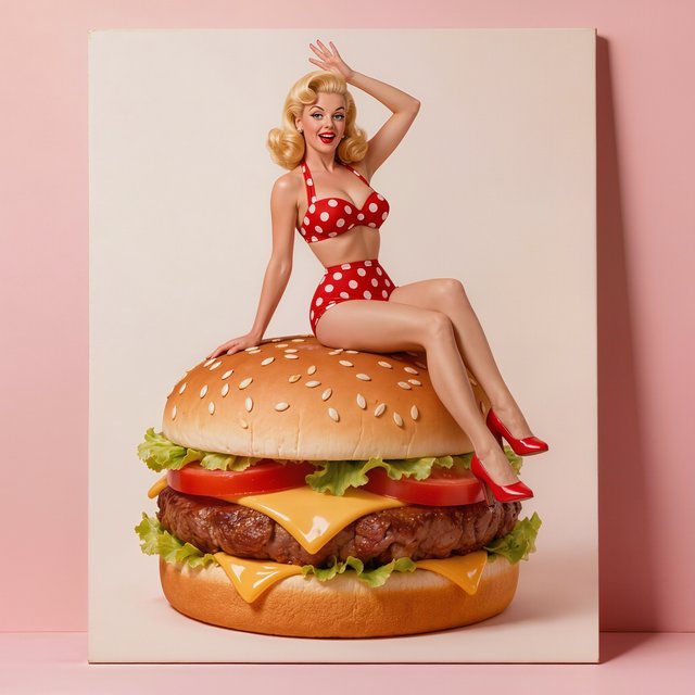 A 1950s pin-up-style photo of a bikini-clad woman sitting on a giant hamburger. — Kling v3