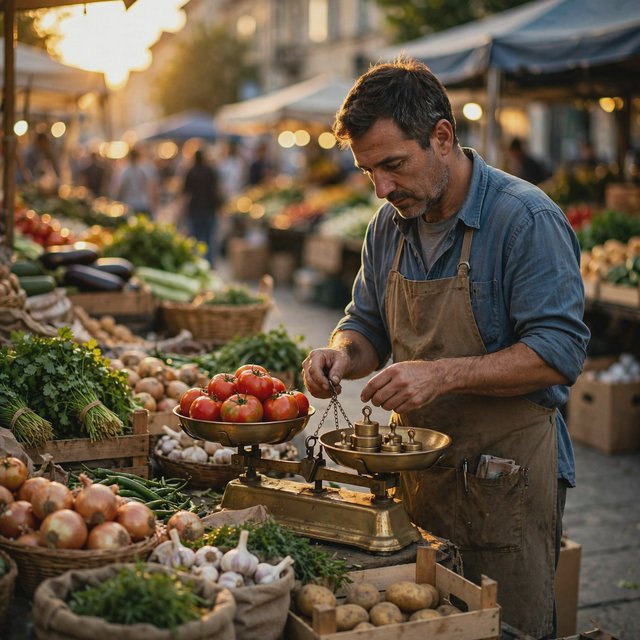 Candid street photograph of an outdoor vegetable market at golden hour, a vendor weighing tomatoes on a brass scale, shallow depth of field, 50mm lens. — Muse Image 1.0