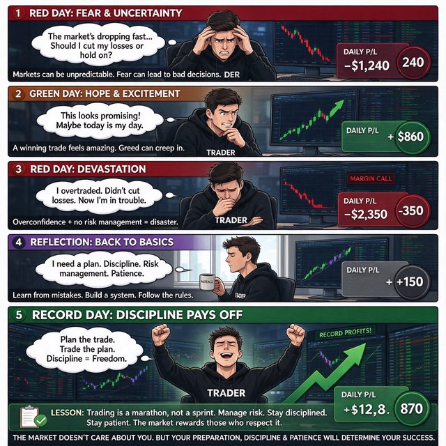 An image depicting the highs and lows of trading, in at least four panels. It ends with a very green day, record profits, and a lesson. — Model 19