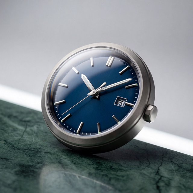 Commercial product photograph of an unbranded mechanical wristwatch with a brushed titanium case and deep blue enamel dial, resting on dark green marble against a soft gray background, illuminated by a large diffused softbox and narrow edge light. — Krea 2 Medium