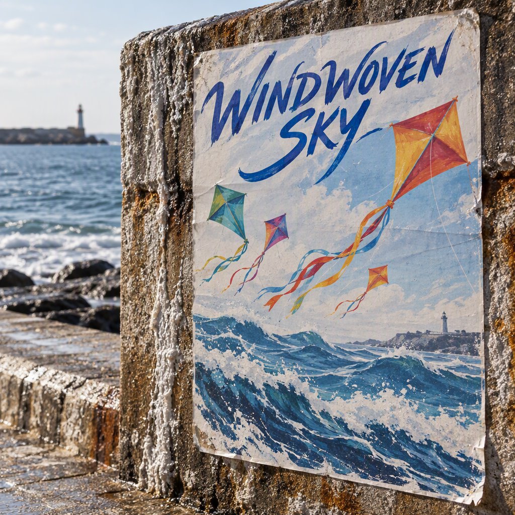 On a salt-stained seawall, a printed poster for a kite-making exhibition shows bright diamond kites sweeping above blue waves; “WINDWOVEN SKY” is screen-printed in sweeping cobalt script, with no other legible writing. — GPT Image 2.5 Sunburst