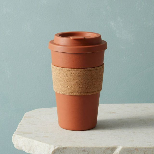 Commercial product photograph of an unbranded insulated travel mug made from matte terracotta powder-coated steel with a cork grip, standing on a pale limestone slab against a soft teal background, lit by broad diffused window light and a gentle edge light. — Grok Imagine Image Quality