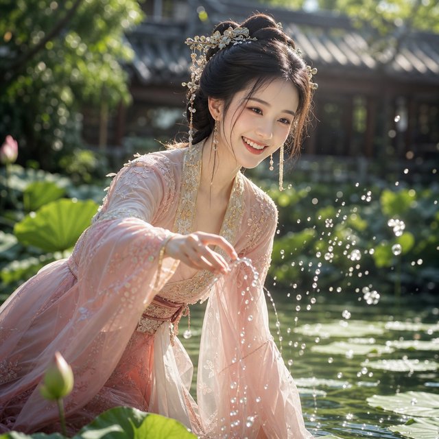 Cinematic shot, a breathtakingly stunning adult Chinese woman from ancient times playing joyfully by a crystal-clear lotus pond, mid-summer afternoon. She is wearing an exquisite, flowing silk Hanfu dress in pastel pink and white with intricate gold embroidery. Her face is porcelain-smooth, with delicate makeup, long black hair elegantly styled with jade hairpins, and a radiant, charming smile. Water droplets frozen in mid-air, sunlight filtering through lush green lotus leaves, creating dappled light on her skin. Shallow depth of field, bokeh background of traditional Chinese architecture, hyper-realistic, soft natural lighting, serene yet playful atmosphere. — GPT Image 2
