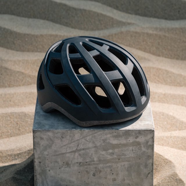 Commercial product photograph of an unbranded folding bicycle helmet made from matte charcoal polymer with soft gray padding, resting on a honed concrete plinth against a muted sand background, illuminated by a broad overhead softbox and gentle rim light. — Recraft v4 Pro