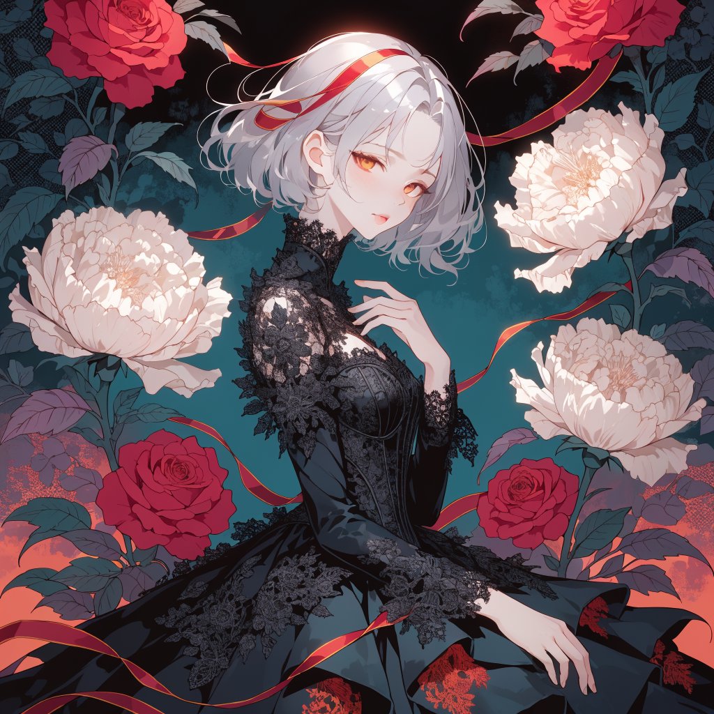An elegant gothic woman sits sideways among oversized ivory blossoms, crimson roses, and dark teal foliage, turning toward the viewer with half-lidded amber eyes. She has a softly waved silver-white bob and a fitted black gown with lace, embroidered sleeves, and a sculpted corset. Deep-teal skirt folds reveal crimson lining and burnt-orange embroidery. Crimson ribbons with orange edging weave through the flowers, leaving breathing room around her pale face and hands. A deep-teal background fades into charcoal, with muted burnt-orange light behind her head, faint crimson haze below, and botanical shadows. Fine ordered dithering, delicate checkerboard patterns, and clustered pigment grains soften background transitions only; the woman and flowers remain smoothly painted. Crimson, deep teal, glowing orange, lacquer black, and warm ivory palette. Soft frontal fill, luminous hair, readable black fabric, subtle orange rim light, refined gothic anime, precise linework, dramatic floral framing — Recraft v4