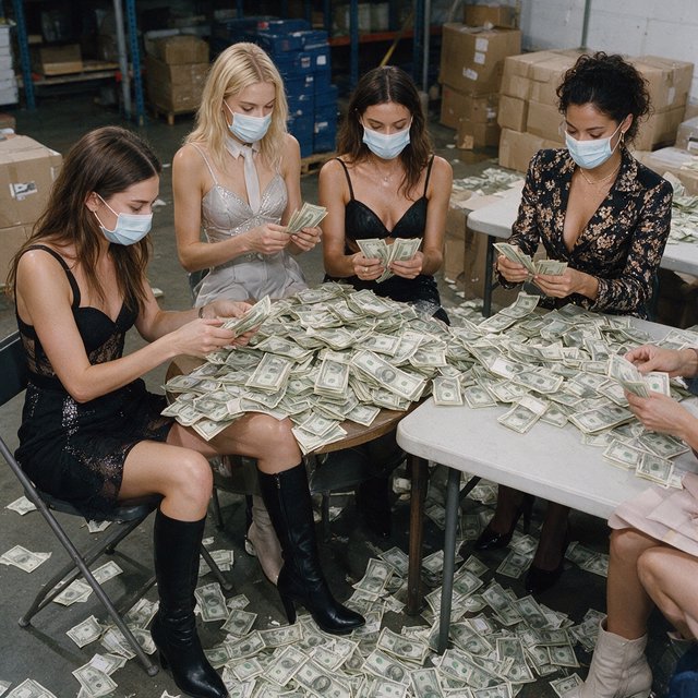 Adult women wearing masks (the kind you wear when you have a cold), in a warehouse, all wearing the kinds of outfits you would see models wear on a runway, counting lots of money (money is seen everywhere, on tables, on the floor, etc.). At least 4 different POVs. — Seedream 5.0 Pro