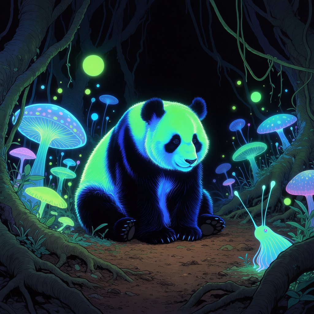 A bioluminescent panda bear, its fur patterns glowing with neon blues and vibrant greens, sits peacefully amidst a grove of luminous, alien flora. Giant, pulsing mushrooms and floating orbs of light create an otherworldly ambiance. The background fades into an inky blackness, making the glowing elements pop. Style: Sci-fi fantasy illustration with sharp, defined lines and glowing contrasts, drawing inspiration from futuristic concept art. — Krea 2 Medium