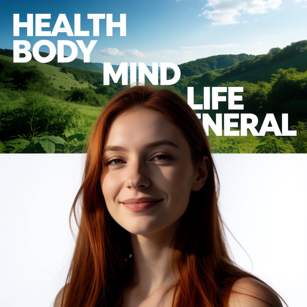 Realistic image depicting great health in many ways. In the background, words related to health are hidden in plain sight. — Krea 2 Medium