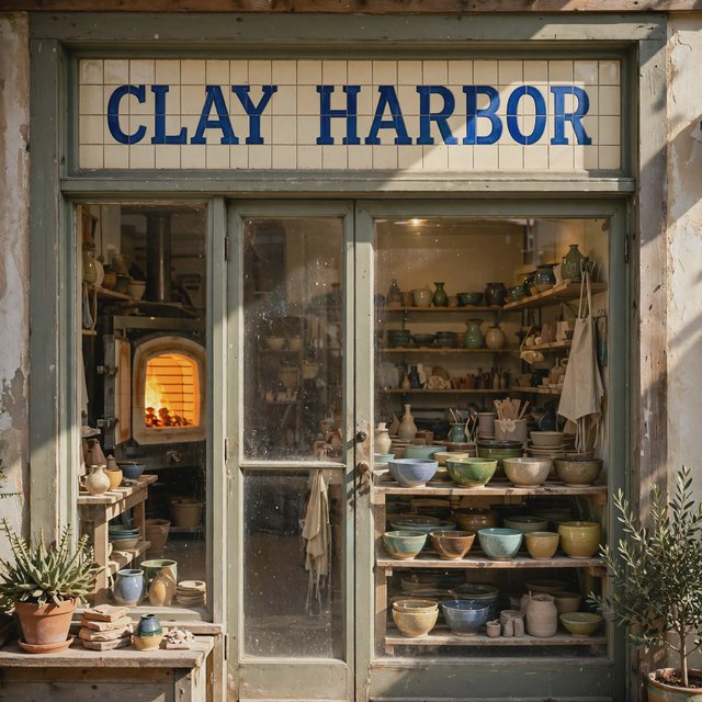 A sunlit ceramicist's studio storefront displays glazed bowls behind dusty glass doors; "CLAY HARBOR" is printed in cobalt-blue block letters across a cream tile transom above the entrance, with kiln warmth glowing inside. — Muse Image 1.0