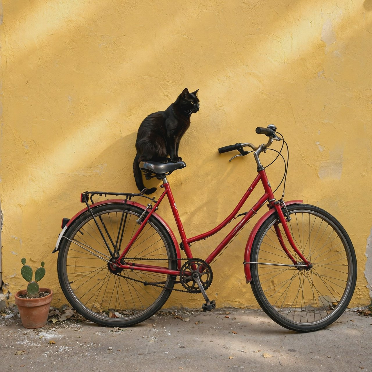 A red bicycle leaning against a yellow wall, a black cat sitting on the bicycle's saddle, a small potted cactus to the left of the bicycle. — Muse Image 1.0