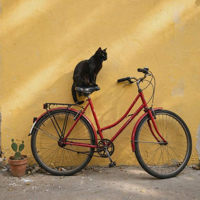 A red bicycle leaning against a yellow wall, a black cat sitting on the bicycle's saddle, a small potted cactus to the left of the bicycle. — Muse Image 1.0