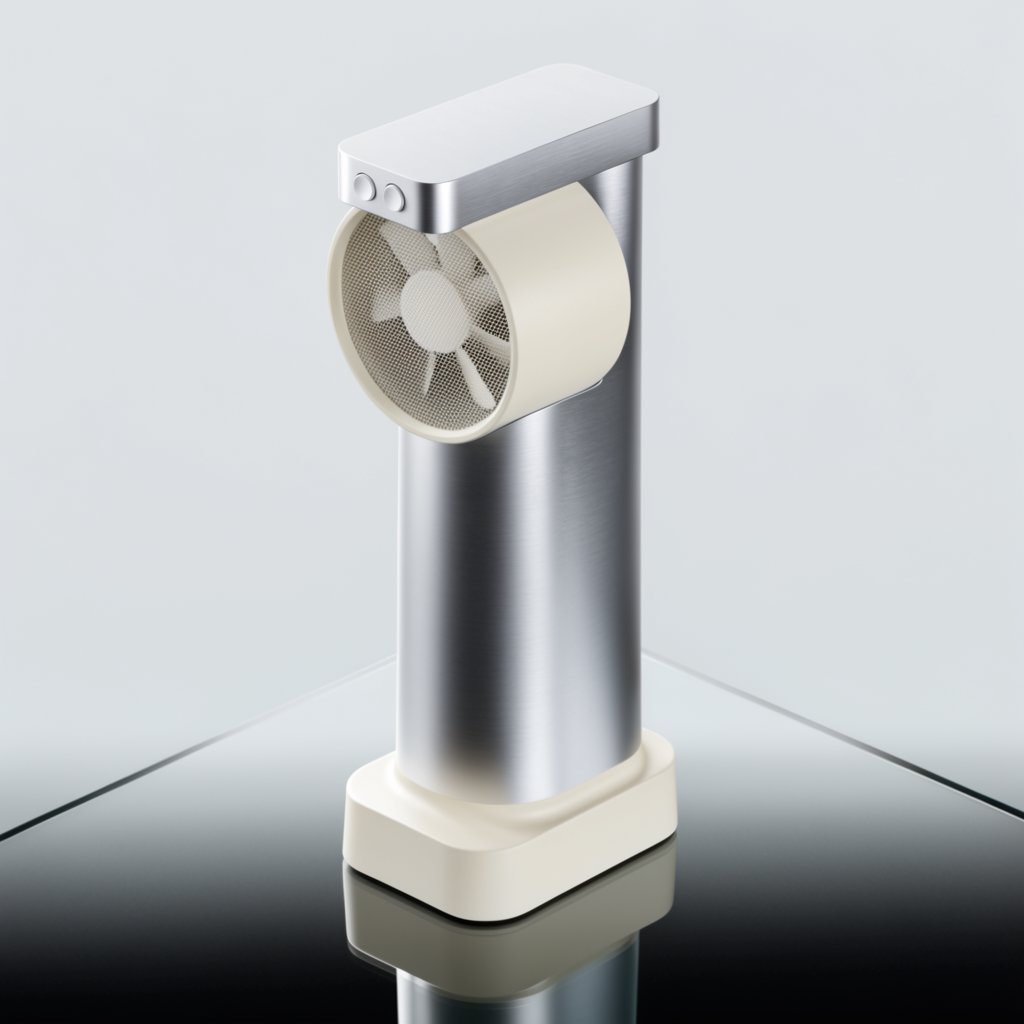 Commercial product photograph of an unbranded desktop fan made from brushed aluminum and matte ivory polymer, resting on a smoked glass surface against a pale gray background, illuminated by broad diffused studio light and a soft rear rim light. — Krea 2 Large