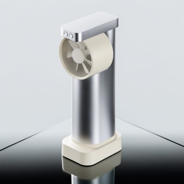 Commercial product photograph of an unbranded desktop fan made from brushed aluminum and matte ivory polymer, resting on a smoked glass surface against a pale gray background, illuminated by broad diffused studio light and a soft rear rim light. — Krea 2 Large