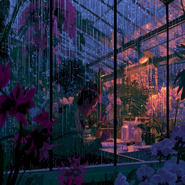 Rain beads on a rooftop greenhouse as an adult botanist studies luminous night-blooming orchids beneath glass panes; cel-shaded anime illustration in digital paint, palette of jade, magenta, indigo, and warm amber. — Midjourney V8.2