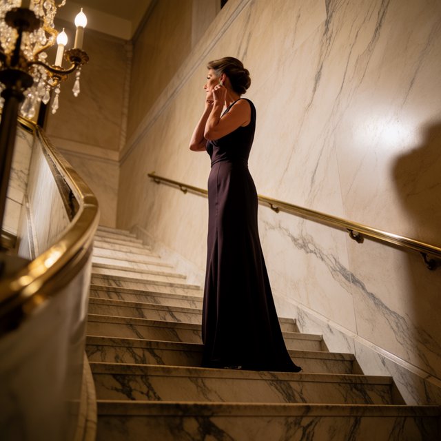 At the landing of a marble staircase, an adult woman in a plum evening gown pauses to fasten an earring, caught in warm chandelier light; polished brass rails and soft shadows lend the scene the poise of a fashion magazine. — Krea 2 Medium