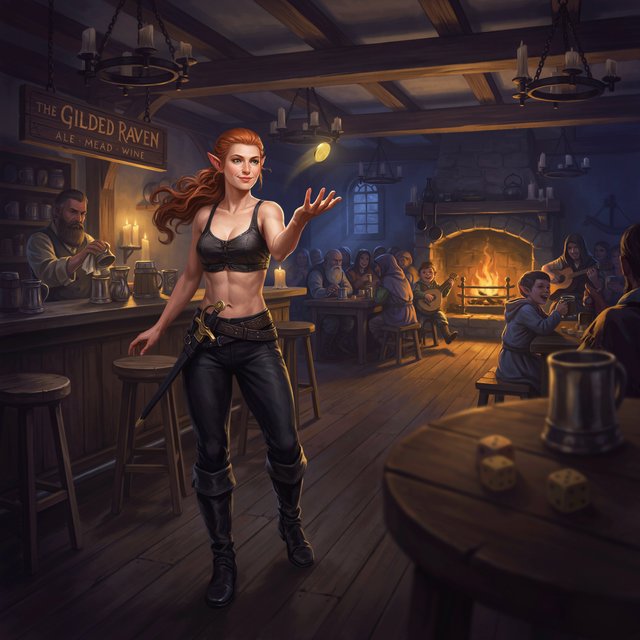 A beautiful, slim adult elf woman wearing black leather pants and a black leather crop top that leaves her belly exposed. She has stunning, intense green eyes and long, flowing, curled red hair. She is smiling; she is a rogue, with a rapier hanging from her belt. She is catwalking through a medieval fantasy tavern at night while flipping a golden coin, in a realistic fantasy style. — Ideogram v4