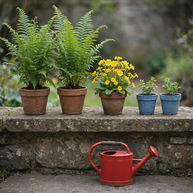 Exactly five potted plants stand on a stone ledge: two tall green ferns on the left, one flowering yellow plant in the center, and two small blue pots on the right. A red watering can sits below, nothing else. — Muse Image 1.0