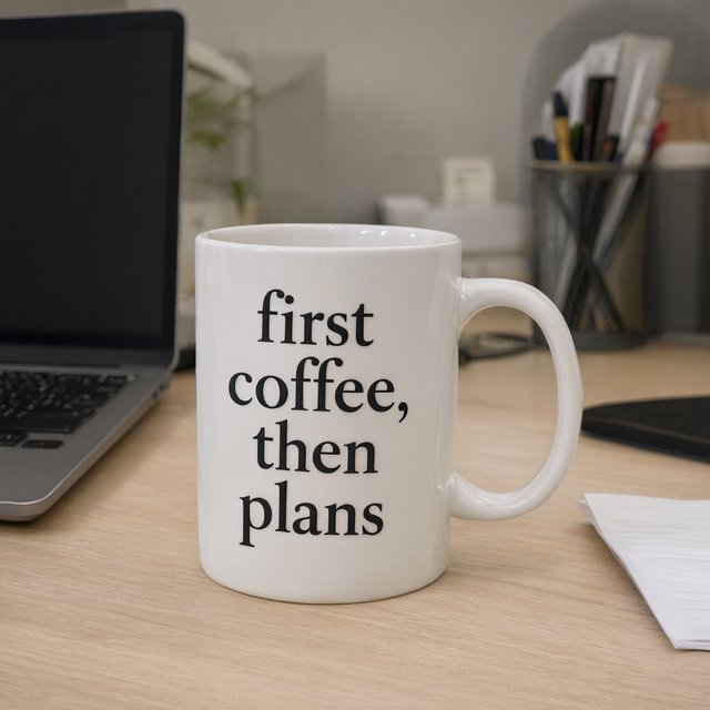 A white ceramic mug on a desk with the words "first coffee, then plans" printed in black lowercase sans-serif. — Qwen Image 3.0 Pro