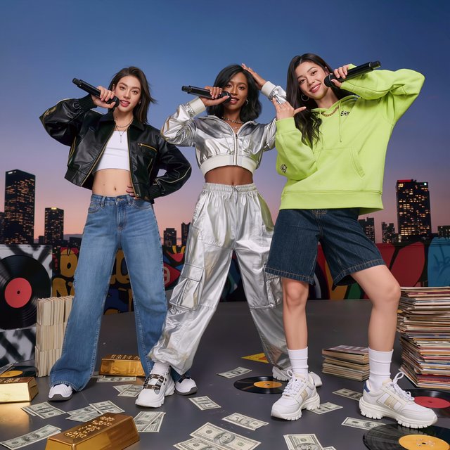 Realistic adult Korean, Black, and mixed-race female rappers filming a music video, all wearing fitted clothes. The music video is about how they are making money and are set to rule, with a really cool, laid-back vibe, shown from many angles. — Kling v3