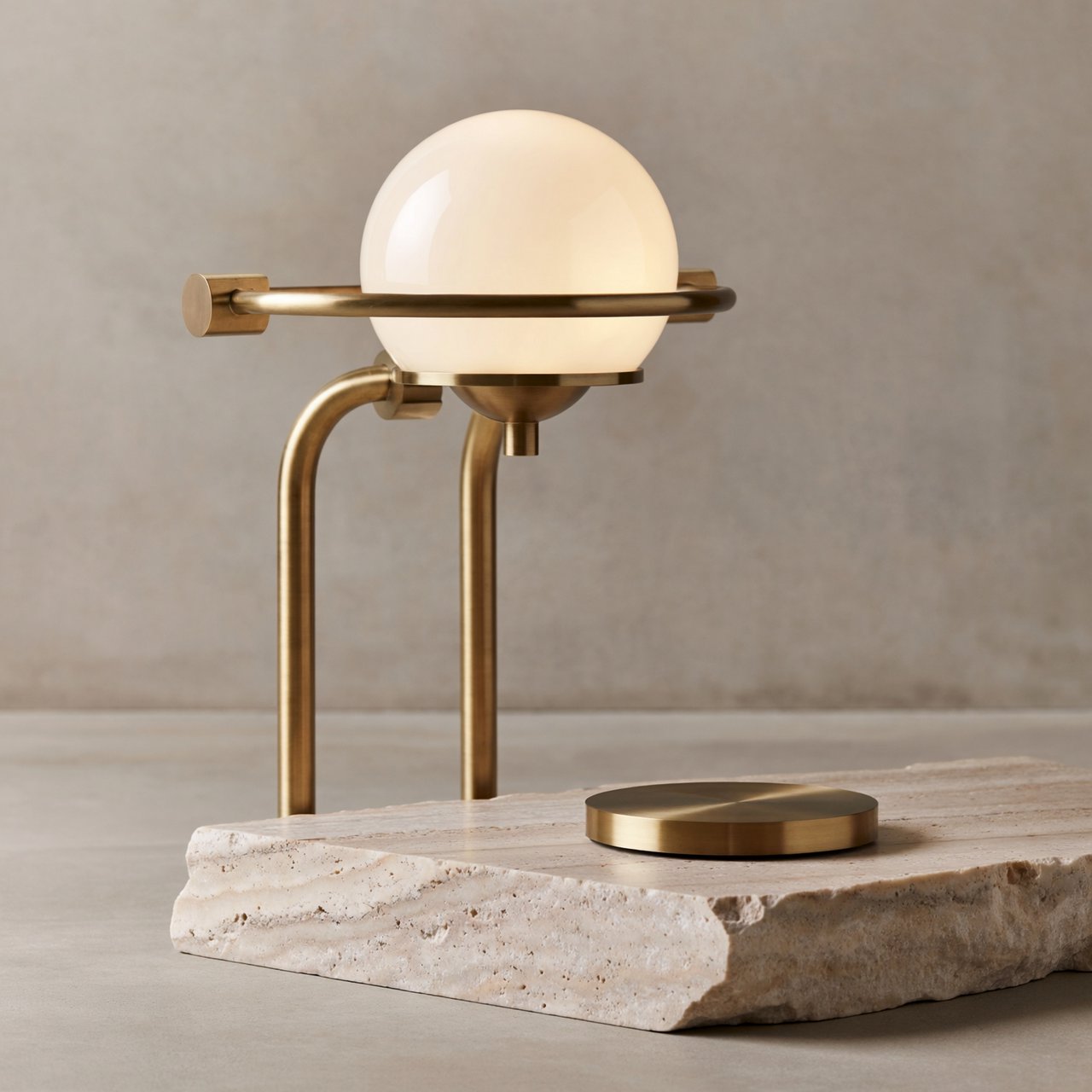 Commercial product photograph of an unbranded sculptural desk lamp made from brushed brass and opal glass, resting on pale travertine, against a warm gray background, with soft diffused light from upper left and gentle grounding shadow. — ImagineArt 2
