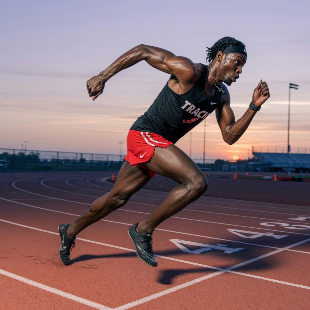 Adult male athlete in running shorts and a tank top mid-sprint on an outdoor track at dawn, muscles defined, motion captured sharply. — Grok Imagine Image Quality