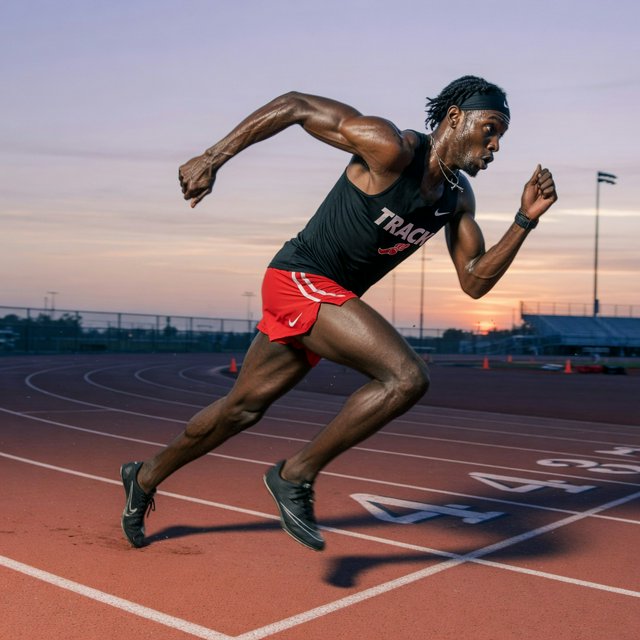 Adult male athlete in running shorts and a tank top mid-sprint on an outdoor track at dawn, muscles defined, motion captured sharply. — Grok Imagine Image Quality