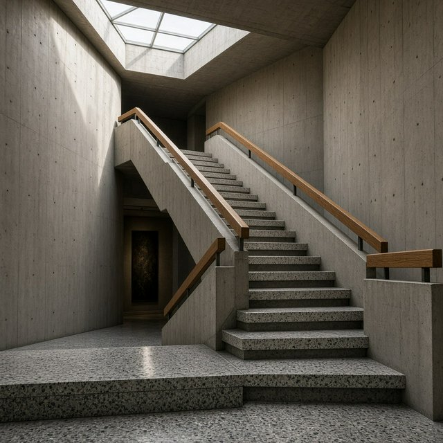 At the heart of a restrained Brutalist museum, a folded concrete stair rises beside smoked-oak handrails and terrazzo landings; skylight washes the treads, seen from the lower landing, with aligned flights and believable supports. — Grok Imagine Image 2