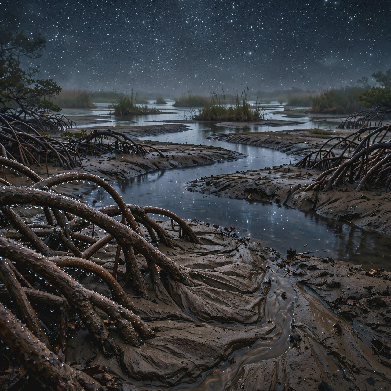 A mangrove delta spreads beneath a star-filled midnight sky after a humid shower; rain-beaded roots and fine silt ridges sharpen the foreground, while winding channels vanish among distant reed islands. — Muse Image 1.0