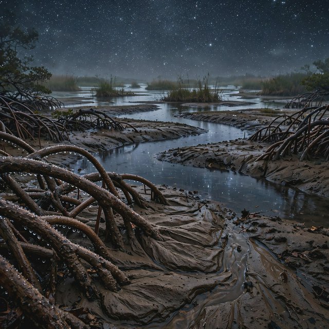 A mangrove delta spreads beneath a star-filled midnight sky after a humid shower; rain-beaded roots and fine silt ridges sharpen the foreground, while winding channels vanish among distant reed islands. — Model 14