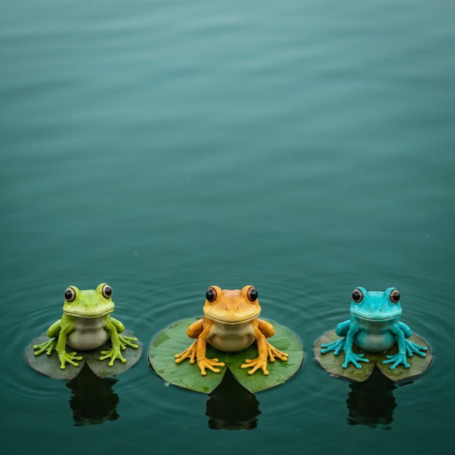 A still pond holds exactly three frogs on separate lily pads: a lime-green frog at the left, a golden-yellow frog in the center, and a turquoise frog at the right. All face forward; nothing else. — Model 8