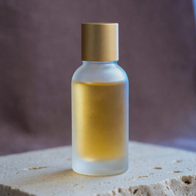Under a broad diffused key and cool edge light, an unbranded frosted-glass serum bottle displays clear golden oil against a muted plum background, resting on honed pale travertine with its blank surface free of lettering. — Muse Image 1.0
