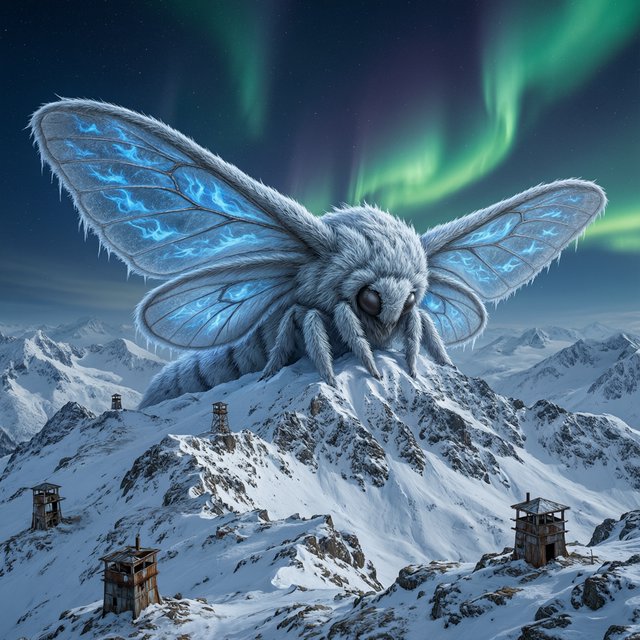 A colossal moon-moth leviathan rests atop a snowbound mountain ridge, its translucent wings veined with blue fire and its fur silvered by frost. Tiny abandoned watchtowers below emphasize its immense scale beneath an aurora-filled sky. — Qwen Image 3.0 Pro