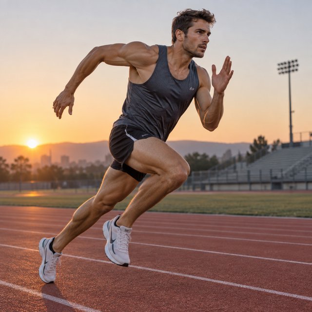 Adult male athlete in running shorts and a tank top mid-sprint on an outdoor track at dawn, muscles defined, motion captured sharply. — GPT Image 2.5 Sunburst